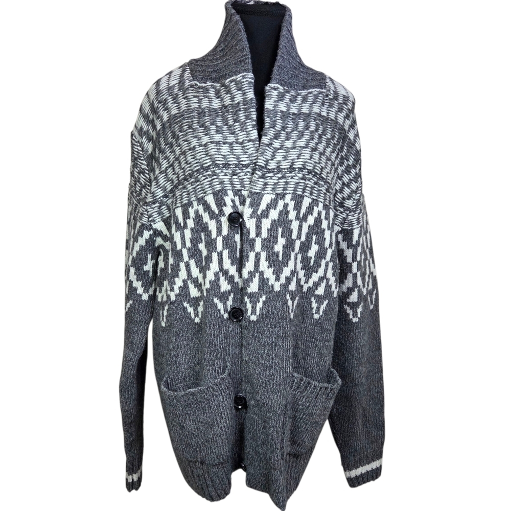 Simons Mens Gray and White Wool Blend Shawl Cardigan Sweater Size L